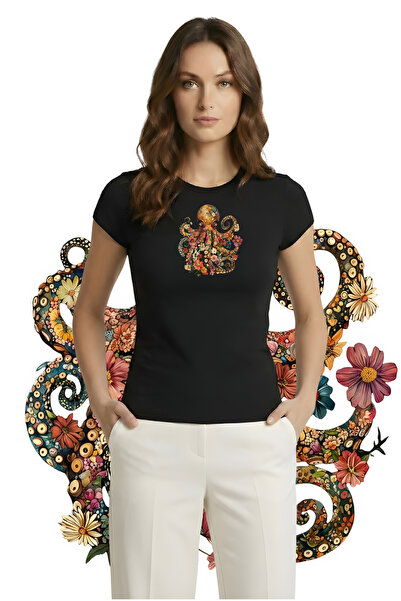 Kurun's Collection Μπλούζα με στάμπα χταποδιού από μαλακό ύφασμα, με λαιμόκοψ...