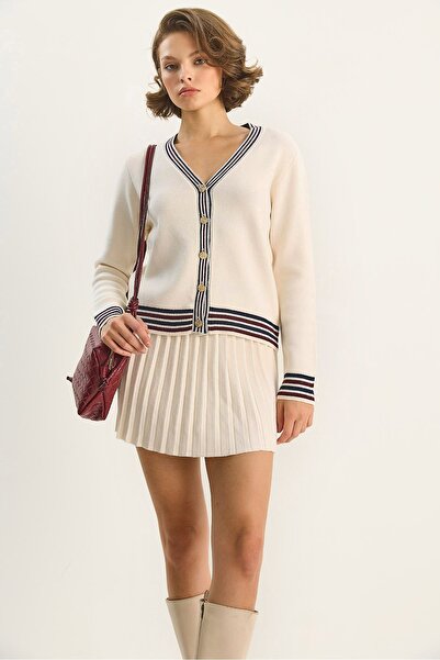 Hiccup LUCCI Striped V-Neck Buttoned Cardigan and Skirt Set
