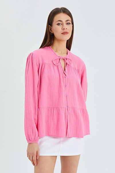 Hiccup Mixray blouse with long sleeves, loose fit and drawstring collar