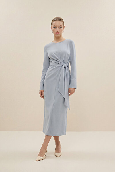 Setre Baby Blue Long Sleeve Midi Dress with Belted Waist Detail
