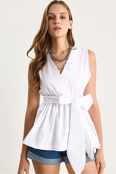 Hiccup Long sleeveless blouse with V-neck and knot closure