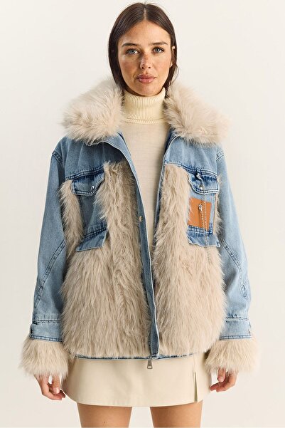 Hiccup LUCCI Oversized Faux Fur Detailed Denim Jacket