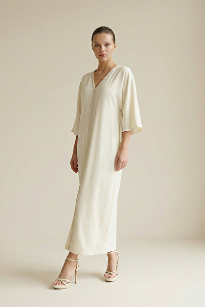 Setre Vanilla V-Neck Dress with Stone Detail and Slit, Comfortable Fit