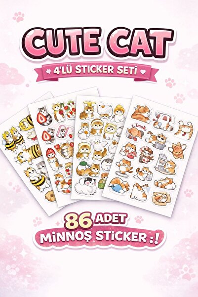 LABELOVE Cute Cat 4’lü Sticker Seti – Sevimli Kedi Çıkartmaları | Laptop, Tel...