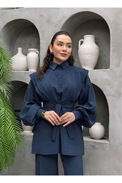 RESSHO Kadın Önü Drapeli Düğmeli İkili Kemerli Tesettür Takım