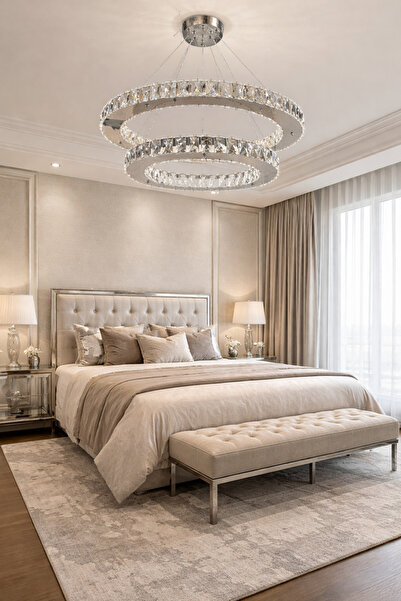 TREND 60x45 DAİRE GÜMÜŞ 2 KATLI KRİSTAL MODERN AVİZE