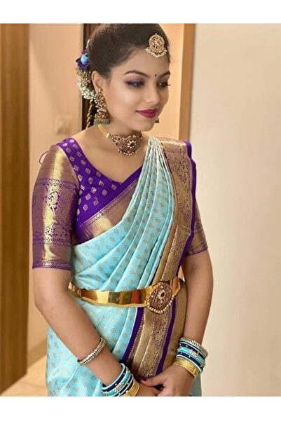 MYSMAR Light Blue Silk Saree With Blouse - MAF3001 | Light Blue