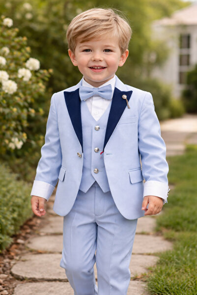 Sevcan Çocuk Giyim Kadife yaka mavi damatlık