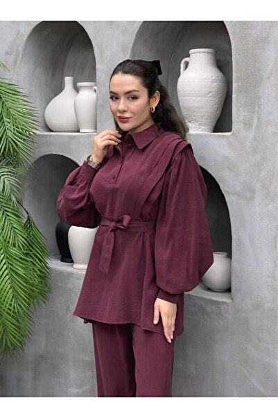 RESSHO Kadın Önü Drapeli Düğmeli İkili Kemerli Tesettür Takım