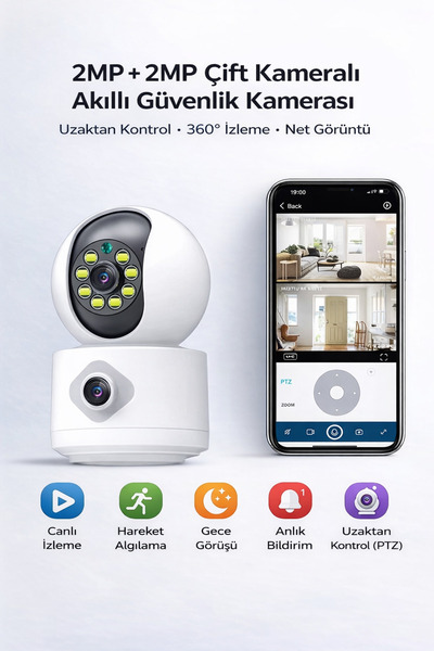 qasul Çift Kameralı 360 WiFi Güvenlik Kamerası Ev Ofis İçin Güçlü Güvenlik Uz...