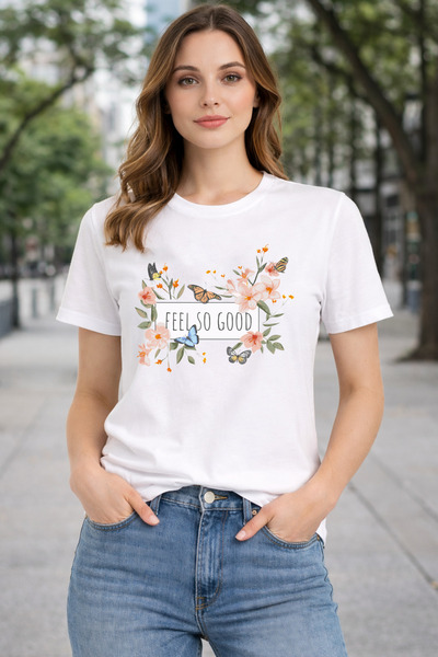 herkesemoda تي شيرت أساسي بتفاصيل طباعة "Feels So Good"