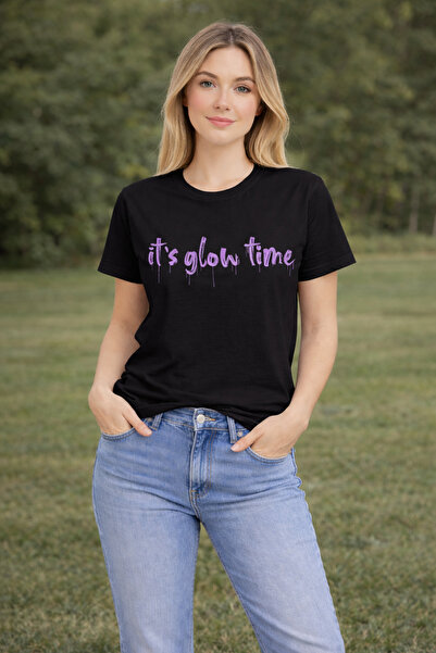 herkesemoda It's Glow Time Basic T-Shirt with Print Detail