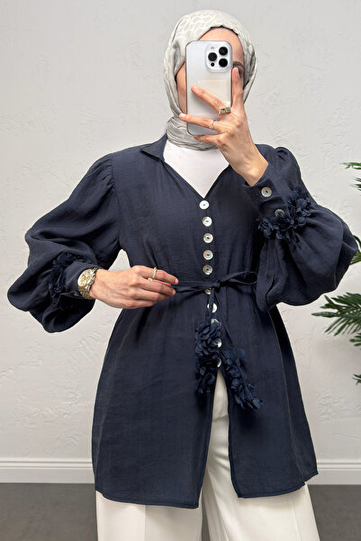 Salih Çelebi Shirt with Floral Accessories 0064 - Dark Blue