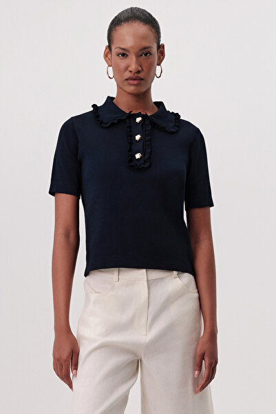 Exquise Short Sleeve Buttoned Ruffled Regular Knitwear Blouse