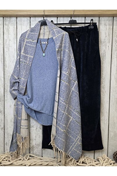 pudubutik Double-sided checkered cashmere shawl baby blue