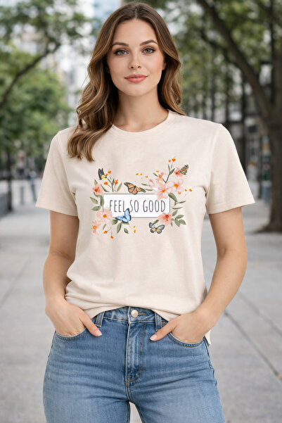 herkesemoda Feels so Good Print Detailed Basic T-Shirt