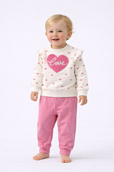 Kız Bebek Mevsimlik Alt Üst Eşofman Takımı Kalp Desenli 2 İplik Şardonsuz 3-12 Aylık