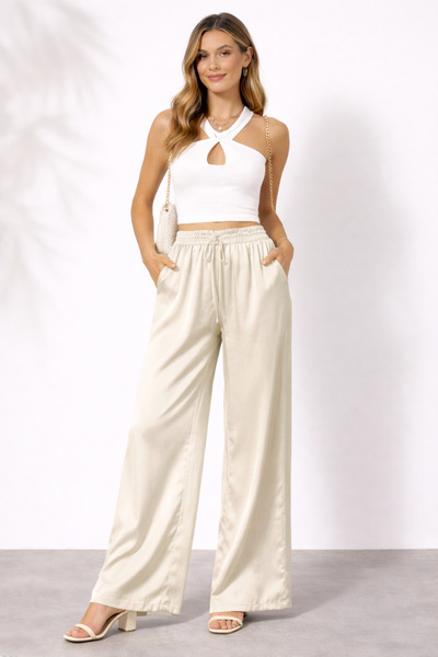 kikiriktekstil 10964 Women's High Waist Palazzo Satin Trousers with Elastic W...