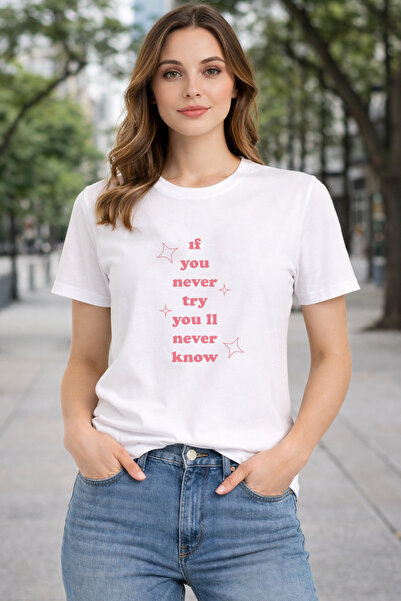 herkesemoda İf You Never Print Detailed Basic T-Shirt