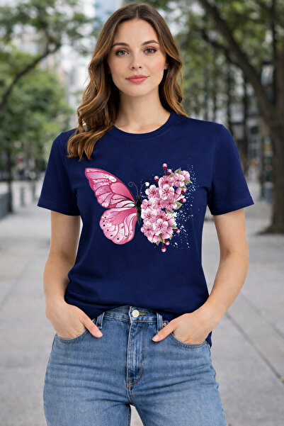 herkesemoda Basic T-Shirt with Pink Butterfly and Flower Print Detail