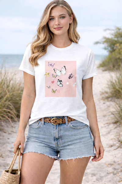 herkesemoda تي شيرت أساسي بتفاصيل طباعة الفراشات