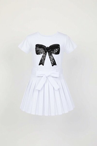 Bonnie Clyde Κοριτσίστικη Λευκή Φούστα με Μαύρη Κορδέλα Λεπτομερές Μπλουζάκι ...
