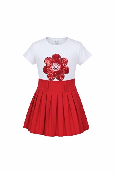 Zeta Group Set pentru fete cu fustă roșie și tricou cu flori roșii pentru oca...