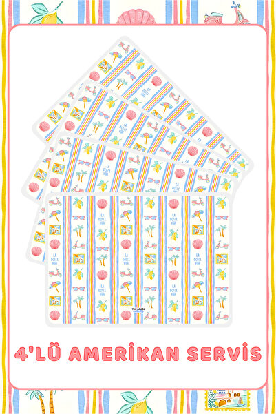 The Grade Amerikan Servis 4'lü Renkli Desen Tabak Altlığı Leke Tutmaz Amerika...