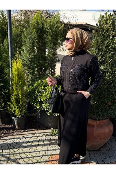 MODABERİLBUTİKK Siyah Payet Detaylı Fermuarlı Tesettür Takım – Şık ve Spor Ko...