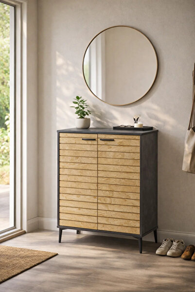 MARIA HOMES Stylish Shoe Cabinet Textured Wood Front Dark Grey Frame Entryway...