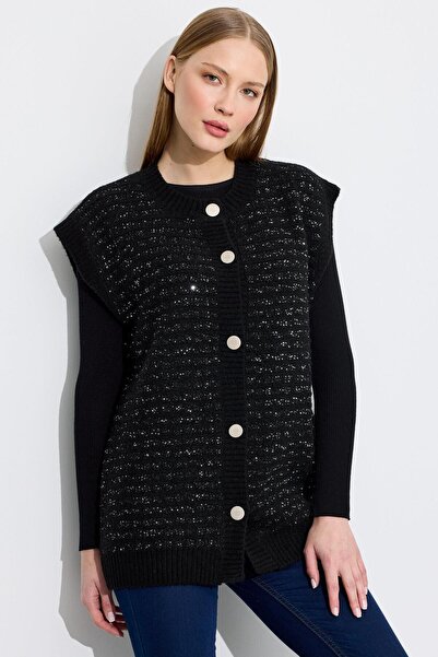 Tığ Triko Pul Detaylı Triko Yelek SİYAH