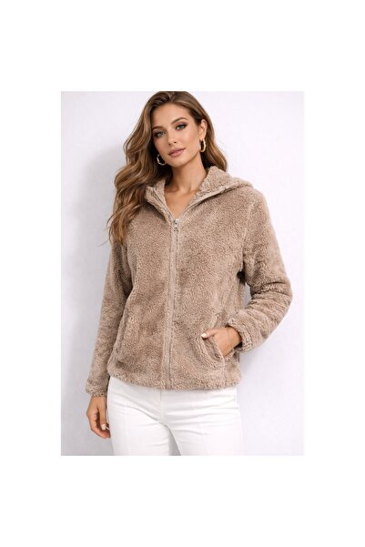 ince moda giyim Bej Peluş Kapüşonlu Fermuarlı Polar Ceket