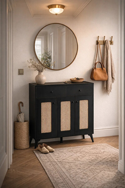 MARIA HOMES Stylish Black Rattan Shoe Cabinet with Drawers Multi Purpose Hall...