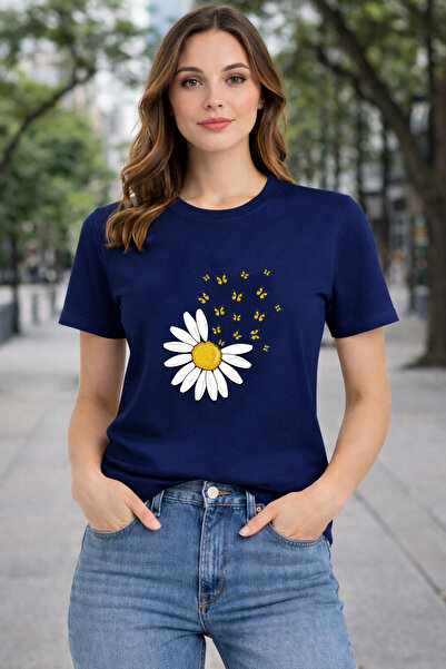herkesemoda Basic T-Shirt with Daisy and Butterflies Print Detail