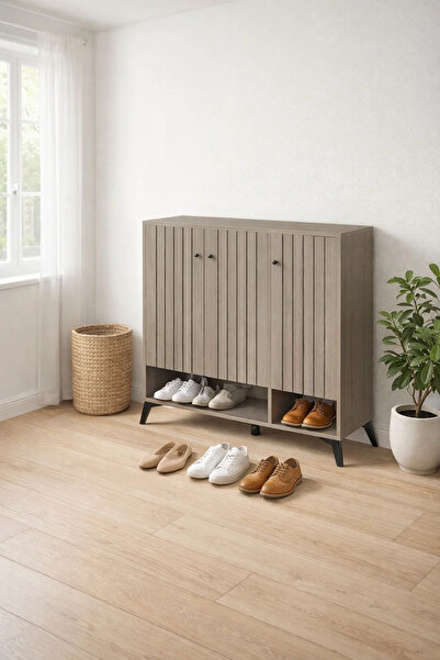 MARIA HOMES Modern Grey Slatted Shoe Cabinet with Three Doors and Open Bottom...