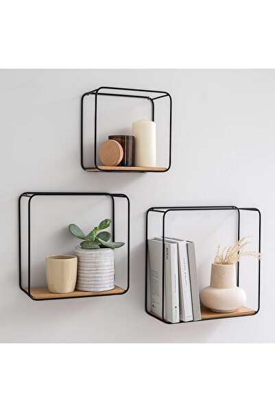 OEM Set of 3 Wall Shelves, Kazai Jona, Metal, Oak Veneer Wood, Matt Black, Oa...