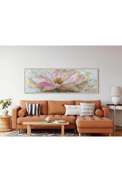 woodhomeworks Tek Parça Gerçek Ahşap Yatay Panorama Çerçeveli Tablo lotus çiçek