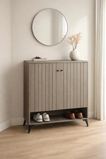 MARIA HOMES Elegant Grey Shoe Storage Cabinet with Vertical Slat Design and B...