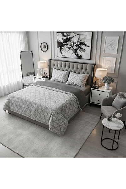 Çift kişilik gri Osmanlı motifli pamuklu nevresim takımı 4 parça