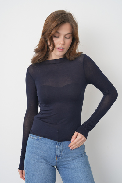 WOMAN VISION Kayık Yaka Yumuşak Esnek Modal Kaşmir Kumaş Uzun Kollu Lacivert ...