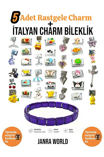 JANRA WORLD 5 Adet Rastgele Charm + İtalyan Charm Bileklik Seti | Sürpriz Hed...