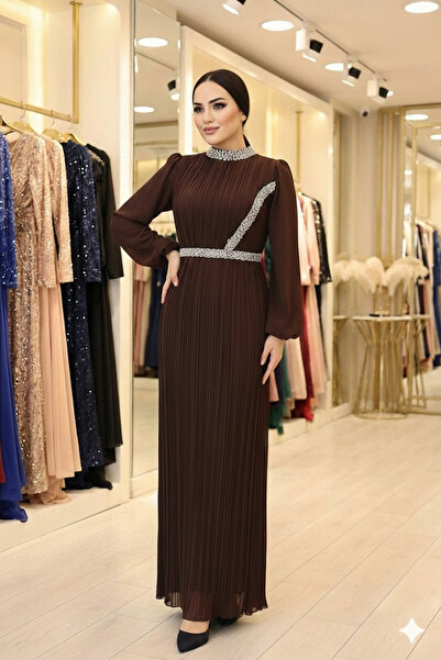 Aynur Tesettür Modest Evening Dress Pearl Crystal Beading Embroidered Pleated...