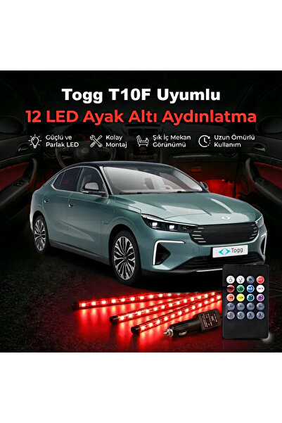 STS Oto Aksesuar Togg T10F Uyumlu RGB Ayak Altı LED 12 Led Kumandalı Müzik Du...