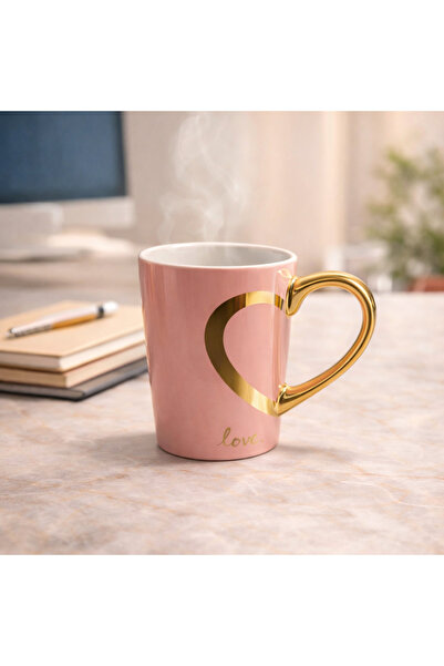 OEM Pink mug with gold heart-shaped handle – elegant ceramic mug for coffee a...