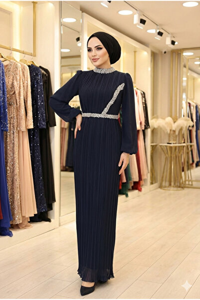 Aynur Tesettür Modest Evening Dress Pearl Crystal Beading Embroidered Pleated...