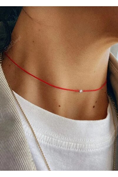 TakıConcept Minimal Kristal Detaylı Kırmızı İp Choker Kolye