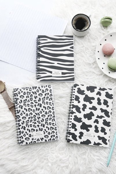 Happy Notes A5 Spiral Cardboard Cover Lined School Notebook 80 Sheets Set of 3 - A5 School Notebook Set Black Series