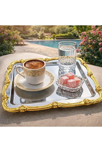 CieS 6'Lı Kare Çerçeveli Zamak Gül Detaylı Lüx Paslanmaz Çelik Sunum ve İkram...