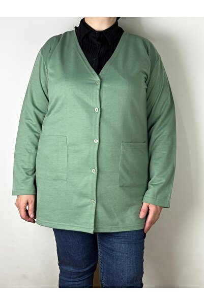 YAŞAR TRİKO Women's Mint Green Jacquard Long Sleeve V-Neck Buttoned All-Seaso...