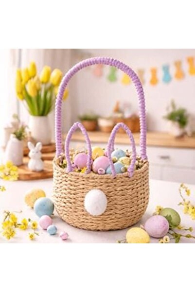 OEM Easter Basket Made of Rattan with Bunny Ears Details Lilac and White Pom ...